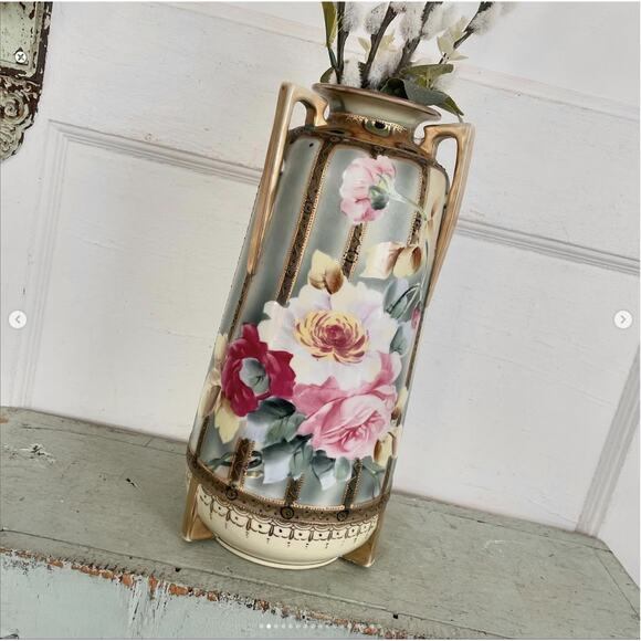 Antique Imperial Nippon Moriage Wild Rose Vase Hand Painted Triple Handle - Picture 2 of 10